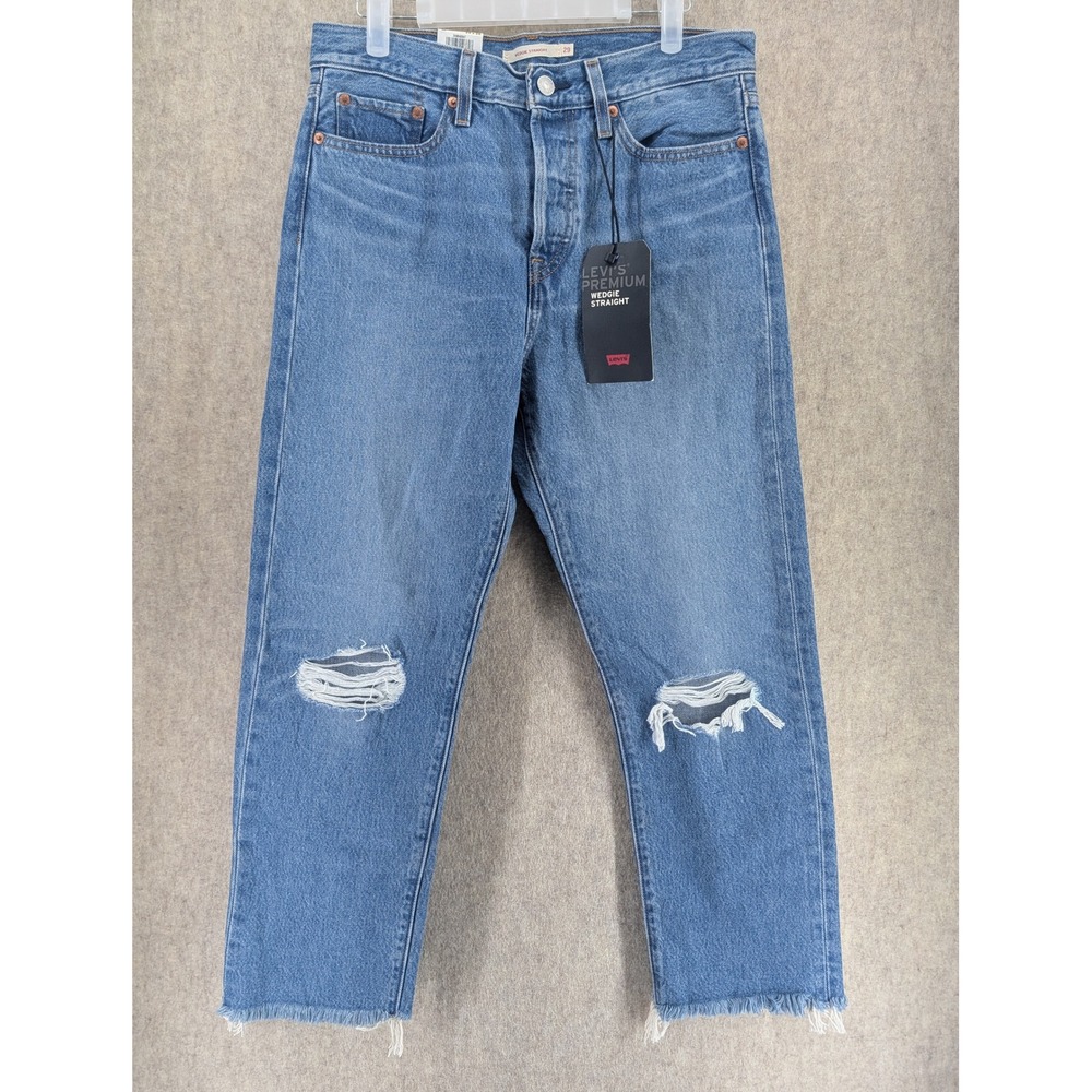 Levis Premium Wedgie Straight High Rise Distressed Jeans Blue 29x26 New - Picture 1 of 5